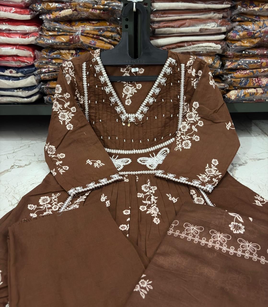 Brown Cotton Discharge Printed Suit Set with Embroidery